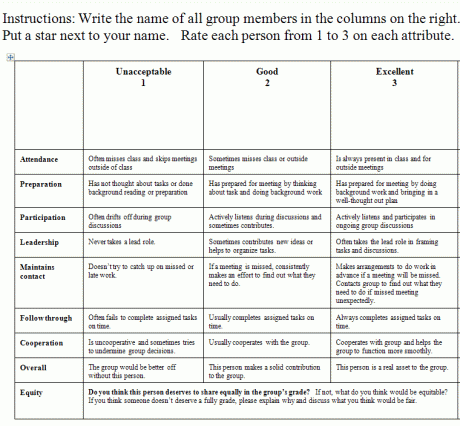 Rubric For Group Work